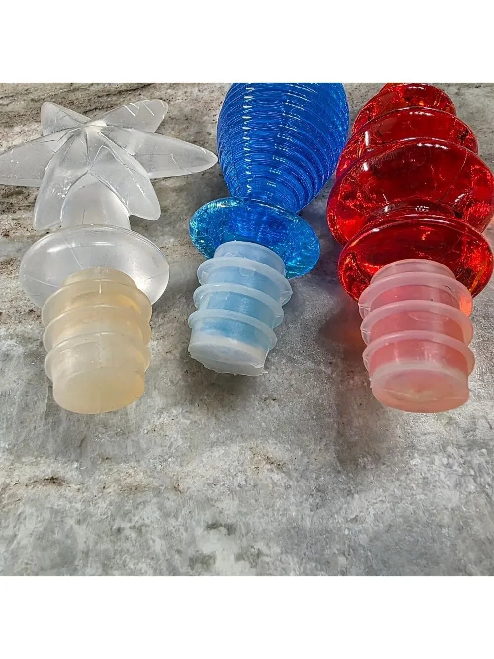 Colorful Acrylic Bottle Stopper Trio Star, Blue, & Red Spiral Set of 3 Patriotic